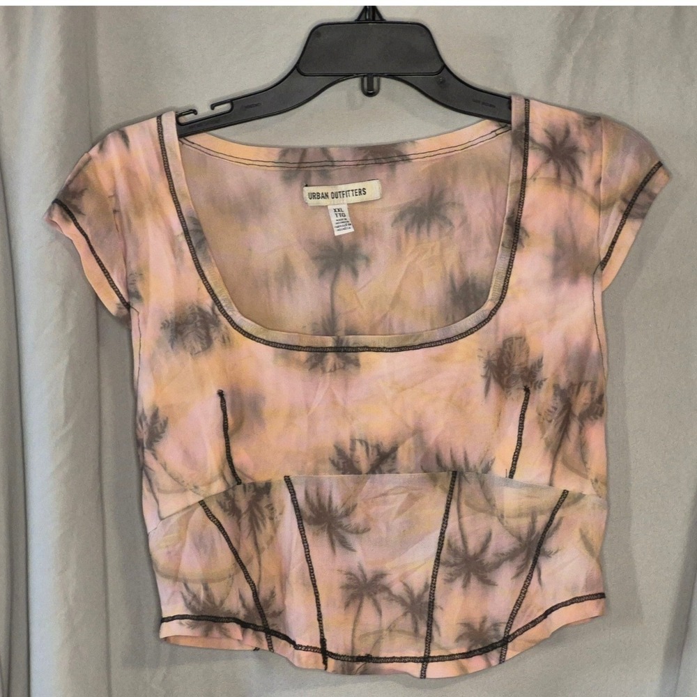 Urban Outfitters Out From Under Palm Tree Print Crop Top Pink Yellow Mesh xxl